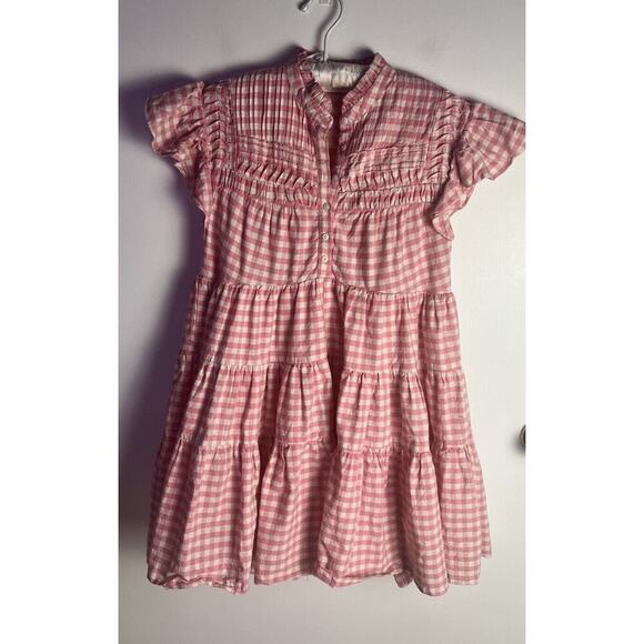 Karlie Gingham Poplin Tiered Ruffled Babydoll Dress Smocked Mock Neck Flutter S - Picture 1 of 10